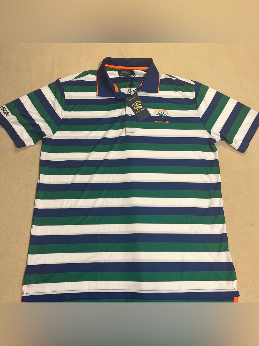 NWT Ralph Lauren Golf Erin Hills 2017 US Open Green & Navy Striped Polo Shirt